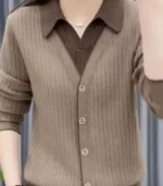 Faux Layered V-Neck Cardigan Sweater - Image 3